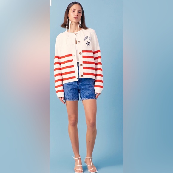 NEW English Factory Women's Breton Striped Cardigan with Shell Embroidery Medium - Picture 5 of 9